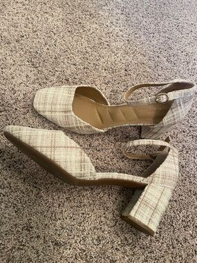 Plaid Ankle-Strap Block Heels in Cream and Tan